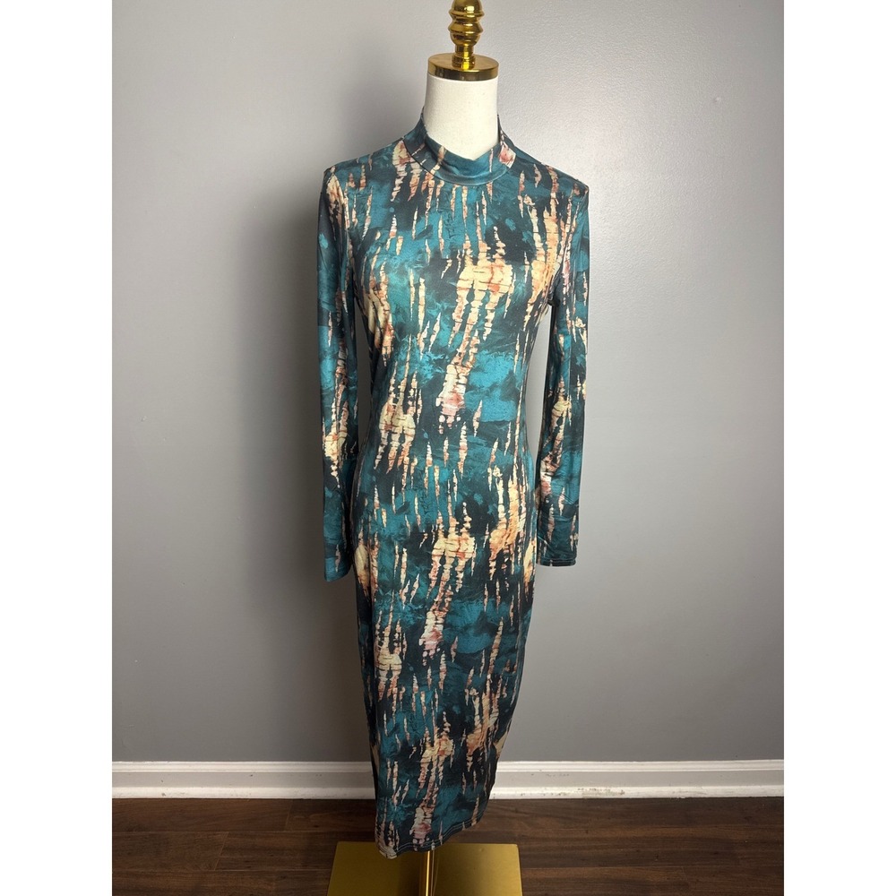 SHEIN SXY Multicolor Geometric‎ Bodycon Dress Mock Neck Long Sleeve Long Size L